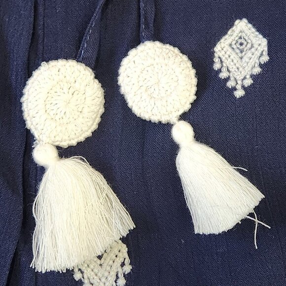 Sundance Giselle Wide Leg Crop Pant L Navy Blue Embroidered Pull On Tassel Boho - Picture 5 of 10